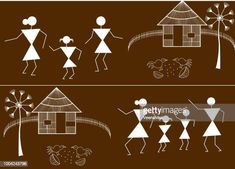 an illustration of people dancing in front of a house and palm tree with balloons on it