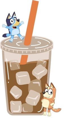 a cartoon cat and dog are standing next to a drink with ice cubes in it