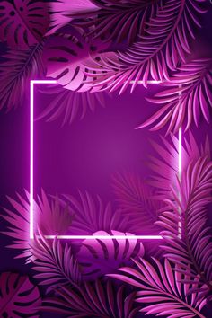 a purple neon frame surrounded by tropical leaves