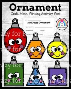 an ornament craft, writing activity pack with four different shapes and eyes on it