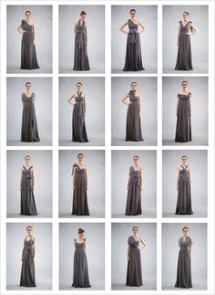 many different pictures of the same woman in long dresses, all with their hands on their hips