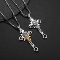 Discover the power of faith with our Protection Cross Pendant, meticulously crafted to be a shield of protection and a symbol of spiritual strength. Made from high-quality stainless steel, this pendant not only enhances your daily outfit but also serves as a comforting reminder of divine guidance. Perfect for everyday wear or special spiritual occasions. #FaithFashion #SpiritualJewelry #ProtectionPendant Cross Pendant Necklace Men, St Benedict Cross, Prayer Jewelry, Jesus Necklace, Stainless Steel Cross Pendant, Retro Jewelry, Jesus On The Cross, Men's Necklace, Cross Pendant Necklace