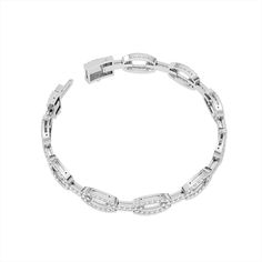 Crafted in 10.8336 grams of 14K Gold, the bracelet contains 212 stone of Round Natural Diamond with a total of 2.33 carat in G-H color and I1-I2 clarity. This jewelry piece will be expertly crafted by our skilled artisans upon order. Allow us a shipping time frame of up to 20 days after payment clearance, as we devote the necessary time and care to create your piece. Platinum Bracelets With Baguette Diamonds In White Gold, White Gold Jubilee Cuff Bracelet With Cubic Zirconia, Luxury Cubic Zirconia Tennis Bracelet With Solid Link Construction, Platinum Baguette Diamond Bracelet, White Gold Cubic Zirconia Link Chain Bracelet, White Gold Bracelet With Baguette Diamonds, White Gold Diamond Bracelets With Baguette Diamonds, Silver Cubic Zirconia Bracelet With Rectangular Links, Luxury Silver Link Tennis Bracelet