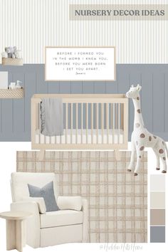 a baby's nursery room is shown in shades of blue, beige and white