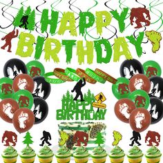 PRICES MAY VARY. Package Includes: 1 Set of happy birthday banner, 1 set of cake topper, 24 pcs cupcake toppers, 24 pcs latex balloons(8 brown colors,8 black colors, 8 green colors), 6 pcs rubber bracelet (3 brown colors &3 green colors), 12 pcs hanging swirls decorations(6 black color &6 green color) Perfect Size:Happy birthday banner is approx 39 inches each banner x 2 garlands.Cake topper is approx 5.4 inches x 6.3 inches, cupcake toppers is approx 2 inches for patterns, balloons is approx 12 Birthday Banner Cake Topper, Cake Banner Topper, Cupcake Picks, Birthday Party Banner, Happy Birthday Parties, Happy Birthday Banner, Green Cards, Happy Birthday Banners, For Your Party