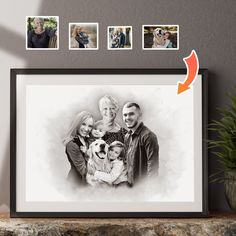 a black and white photo hanging on a wall next to a potted plant with four photos in it