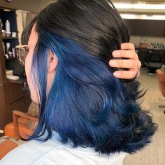 Blue Peekaboo Hair, Blue Hair Underneath, Blue Peekaboo, Midnight Blue Hair, Dyed Hair Blue