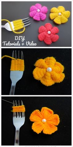 crocheted flowers and forks are shown in three different colors, one is yellow, the other is pink