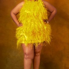 Custom Ostrich Feathered Dress Yellow Like New (Worn For A Few Hours) Us Size 16/18 Spring Dresses With Ostrich Feathers, Summer Sleeveless Dress With Ostrich Feathers, Glamorous Yellow Mini Dress, Sleeveless Party Dress With Ostrich Feathers, Glamorous Yellow Mini Dress For Cocktail, Spring Party Mini Dress With Ostrich Feathers, Glamorous Yellow Mini Dress For Summer, Glamorous Yellow Mini-length Dresses, Summer Party Dresses With Ostrich Feathers