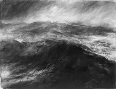 black and white photo of large waves in the ocean with dark clouds above it, taken from an airplane