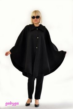 Woman autumn winter, spring cape,coat ! Nice soft 100% WOOL fabric. Maxi cape. Elegant black cape. So chick and sexy. Black cape with black made Workwear Cape Outerwear With Button Closure, Workwear Cape With Button Closure, Cape-style Buttoned Outerwear For Work, Classic Winter Cape Outerwear, Classic Long Sleeve Fall Cape, Wool Cape For Formal Occasions, Formal Wool Cape Outerwear, Elegant Cape-style Outerwear With Buttons, Winter Long Sleeve Cape With Buttons