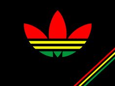 the adidas logo is red, yellow and green with a diagonal stripe in front of it