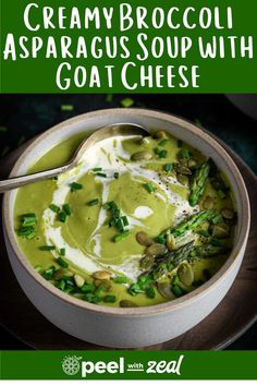 creamy broccoli asparagus soup with goat cheese in a bowl on a plate