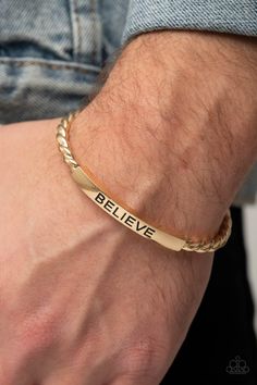 Bracelet Cuff, Faith, Gold, Inspirational - Bracelet - Keep Calm and Believe Gold ✨ Bracelet Gents Bangle Gold, Gents Bracelet Gold, Gold Bracelets For Men, Mens Bracelet Gold Jewelry, Man Gold Bracelet Design, Paparazzi Jewelry Images, Gents Bracelet, Paparazzi Accessories Jewelry, Mens Cuff Bracelets