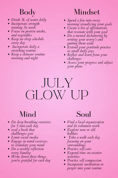 Start your July with a transformative Glow Up! Our comprehensive checklist helps you elevate your body, mind, and soul with actionable tips and daily routines. Don’t miss out on becoming your best self—save this pin now for daily inspiration and tips! #julyglowup #selfcare #summertransformation #julyglowup #selfcare #summertransformation #mindbodysoul #healthyliving #dailyroutine #wellnessjourney #fitnessgoals #mentalwellbeing #personalgrowth #positivemindset #healthyhabits #selflove #mindfulness #soulcare How To Have A Glow Up In One Day, Glow Up Checklist, Becoming Your Best Self, List Of Affirmations, Life Pro Tips, Self Care Bullet Journal, Mental Health And Wellbeing, Get My Life Together, Mind And Soul