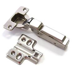 two stainless steel cabinet door hinges on a white surface with one open and the other closed