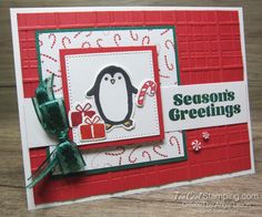 a christmas card with a penguin holding a candy cane