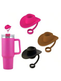 three different items including a hat, a cup and a pair of scissors are shown