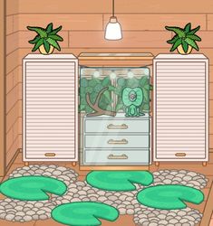 the room is decorated with green plants and rocks in front of two white cupboards