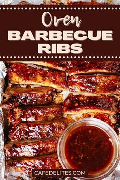 barbecue ribs covered in bbq sauce on top of tin foil with text overlay