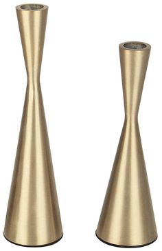 two gold colored vases sitting next to each other on a white background, one is tall and the other is small