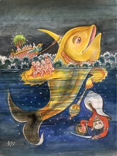 a painting of a fish with people on it's back and in the water