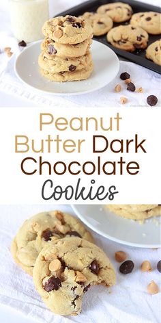 peanut butter dark chocolate cookies are stacked on top of each other