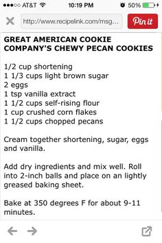 an iphone screen showing the recipe for american cookie company's chewy pecan cookies