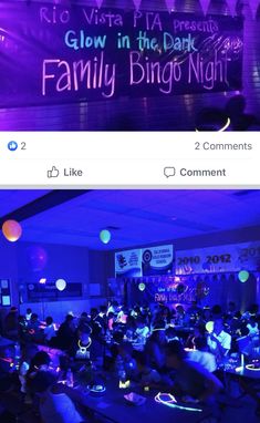 a group of people sitting at tables in front of a neon sign that says glow in the dark family bingo night