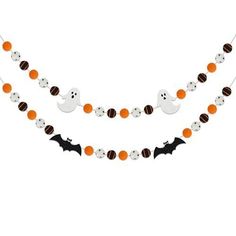 two halloween garlands with bats, ghost and pumpkins hanging from the side on a white background