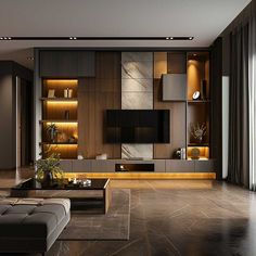 a modern living room with wood paneling and dark colored furniture, including a large tv on the wall