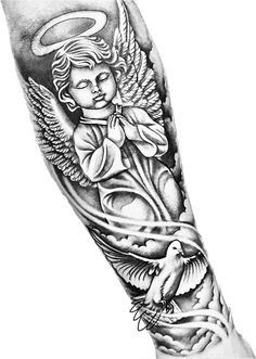 an angel with wings and doves tattoo on the left arm, in black and white