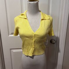 New With Tags Ribbed And Stretchy The Yellow Color Is Represented In The First Pictures (Looks Washed Out In The Other Ones) Crop Button Up Shirt, Cropped Button Up Shirt, Button Up Shirt, Yellow Color, Shirt Color, One Pic, Ribbed Knit, Button Up Shirts, Colorful Shirts