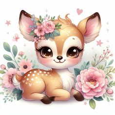 a cute little deer with flowers on its head sitting in front of some pink flowers