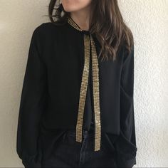 Nwot The Vintage Shop Brand Black Chiffon Button Down Blouse With Gold Embellished Tie With Button Cuff Sleeves. Sz M. Fitted Vintage Black Blouse, Vintage Black Long Sleeve Blouse, Cheap Gold Button-up Blouse, Vintage Black Button-up Blouse, Affordable Gold Button-up Blouse, Cuff Sleeves, Black Blouse, Vintage Shops, Top Blouse