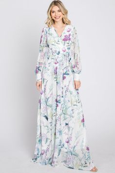 White Floral Chiffon Long Sleeve Pleated Maxi Dress Chiffon V-neck Maxi Dress With Tie Waist, Chiffon Long Sleeve Maxi Dress For Daywear, Long Sleeve Chiffon Maxi Dress For Daywear, V-neck Chiffon Maxi Dress With Floral Print, Chiffon Maxi Dress With Floral Print And Surplice Neckline, Spring Chiffon Dress With Surplice Neckline, Flowy Long Sleeve Maxi Dress With Tie Waist, Chiffon Maxi Dress With Tie Waist, Flowy Chiffon Maxi Dress With Tie Waist