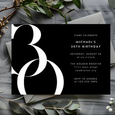 a black and white birthday party card with the number three on it, surrounded by greenery