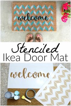 a welcome mat with the words stenciled ikea door mat on it and some crafting supplies