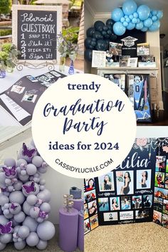 a graduation party with balloons and pictures on the wall, in front of a sign that says trendy graduation party ideas for 2012