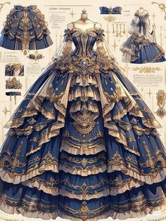 an elaborate blue and gold dress with many details on it's back, including the bust