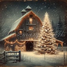 a barn in the snow with christmas lights on it's roof and trees outside