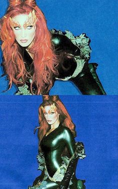 two photos of the same woman in black catsuits, one with red hair