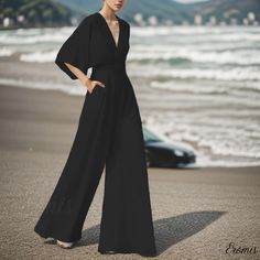 Eromis - Batwing Sleeve Jumpsuit: High-Waisted Wide-Leg Trousers Elegant Jumpsuit, Formal Attire, Batwing Sleeve, Long Pants