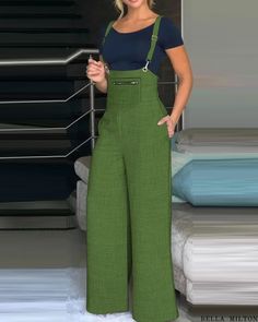 Bella Milton - Contemporary Wide Leg Suspender Jumpsuit with Practical Pocket Design Green Bib Front Overalls With Pockets, Green Jumpsuit With Pockets And Bib Front, Fitted Green Overalls With Pockets, Green Bib Front Jumpsuit With Pockets, Casual Green Jumpsuits And Rompers With Suspenders, Spring Green Jumpsuits And Rompers With Suspenders, Fitted Green Jumpsuit With Pockets, Spring Green Overalls With Suspenders, Green Workwear Jumpsuits With Pockets