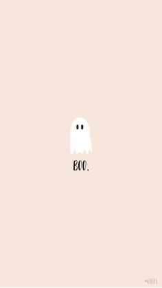 a white ghost with the word boo on it's face in black lettering, against a pale pink background