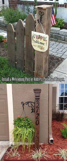 the same post has been decorated with flowers and plants