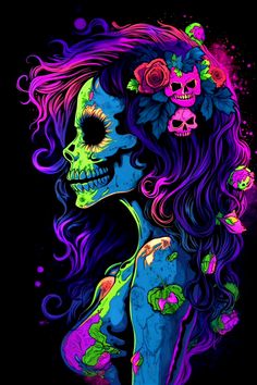 a woman with flowers and skulls on her body