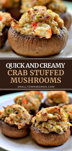 some stuffed mushrooms are on a plate with the words, quick and creamy crab stuffed mushrooms