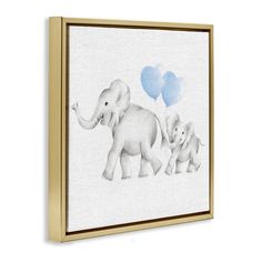 an elephant family with two blue balloons floating in the air on a white background framed canvas wall art print