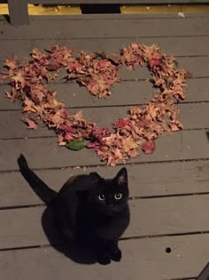 a black cat sitting on top of a wooden floor next to a heart shaped wreath